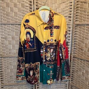 Mens Baroque Style Religious Design Vtg Button Down Collared Dress Shirt, LG